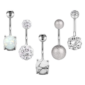 Set of 5 silver stainless steel belly rings with zircon, opal, and crystal decorations