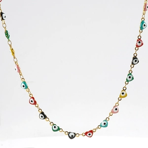 Detail of 18K gold-plated chain featuring vibrant colorful evil eye heart pendants