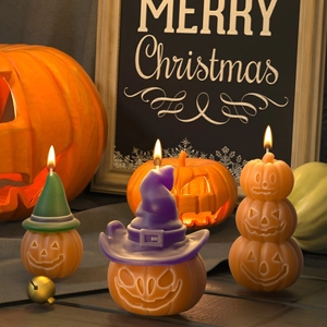 Halloween pumpkin candle set with witch hats and stacked pumpkins for DIY decor