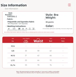 Size chart for backless yoga bra set with dimensions and material specifications