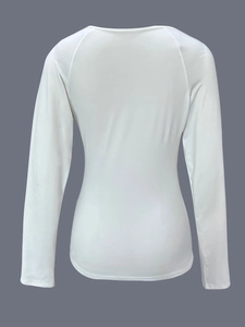 Rear view of white long sleeve knitted top featuring delicate lace V-neck detail