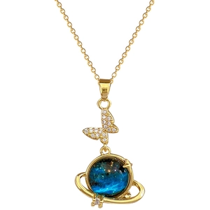 Elegant gold titanium butterfly and blue starry planet necklace with shiny crystals
