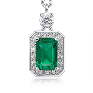 Elegant S925 silver emerald drop earrings with rectangular cut stones and zircon halo
