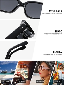 Close-up of black square sunglasses showing nose pads, hinges and lifestyle use cases