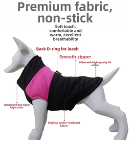 Waterproof dog winter jacket detail showing the high neck collar and back D-ring