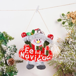 Detail of Christmas snowman ornament with Feliz Navidad text on red glitter base