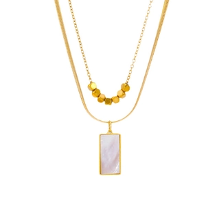 Double-layered 18k gold plated necklace with rectangle white shell pendant and small beads