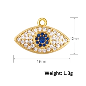 Detailed close-up of 19mm evil eye pendant with blue zircons and dimensions display