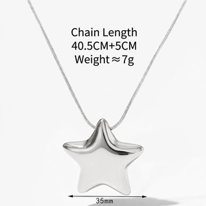 Detail of silver hollow star pendant on snake chain with size and weight specs