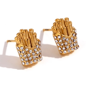 Unique 18K gold-plated french fry earrings with sparkling white cubic zirconia stones