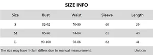 Detailed size chart showing bust, waist, and length measurements for the off-shoulder top