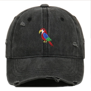 Distressed charcoal baseball cap with colorful parrot embroidery and washed denim finish