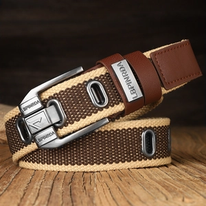 Canvas Belt Men Woven Striped Waistband With Alloy Pin Buckle And Leather Trim Casual Military Style For Jeans
