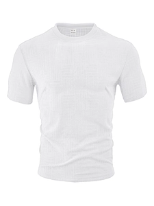 Close-up of white short sleeve polo shirt showing premium plaid jacquard fabric texture