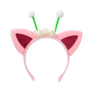 Detail of pink cat ear headband with sequins, white flowers and pom-pom antennae