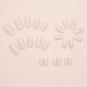 Minimalist long square press-on nails in translucent milky pink jelly finish