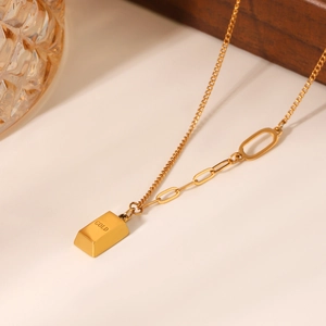 18K gold-plated stainless steel necklace with engraved gold brick pendant and unique chain