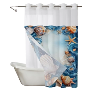 Waterproof nautical shower curtain featuring seashells and starfish in deep blue waves