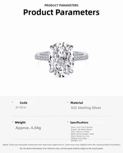 Detailed specs for S925 silver ring featuring 4ct oval ice-cut cubic zirconia stone