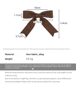 Detailed size specifications of the brown knit bow hair clip with measurements and weight