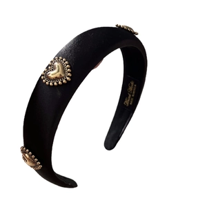 French retro black satin headband with gold heart ornaments and thick padded texture