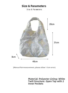 Vue détaillée du sac cabas brodé avec dimensions précises et spécifications du tissu