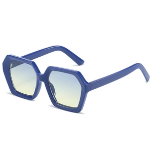 Fashion geometric bold frame sunglasses with blue gradient lenses in a modern 45-degree view