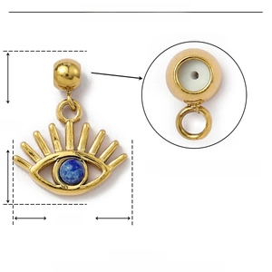 Detailed parameter view of gold evil eye pendant with natural stone and rubber stopper