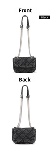 Front and back detail of black denim quilted chain bag with silver hardware accents