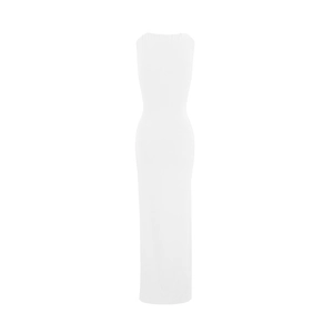 Close-up of a white sleeveless slim-fit maxi dress featuring elegant pleated textures