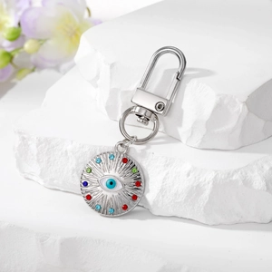 Bohemian silver evil eye keychain with colorful rhinestones on decorative stones