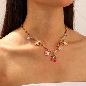 Gold-plated chain necklace featuring colorful butterfly, cherry and sun charms for women