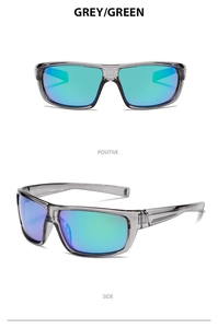 Detailed views of grey transparent polarized cycling sunglasses with green gradient lenses