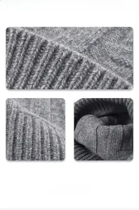 Close-up of gray knitted wool beanie showing detailed ribbed texture and soft fabric