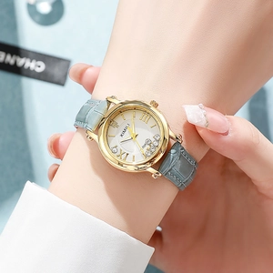 Elegant quartz women watch with gold case, grey leather strap and floating crystals