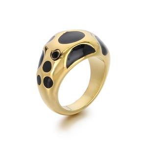 Retro 18K gold plated stainless steel ring with black enamel polka dots in Morandi style