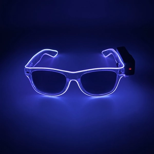 Detail view of purple and blue EL wire lighting on transparent LED glowing party glasses