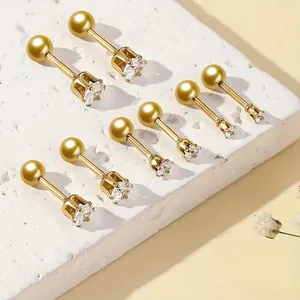 316 Stainless Steel Round Cubic Zirconia Stud Earrings Gold Plated Ball Screw Back Unisex Minimalist Piercing Jewelry