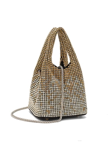 Detail of silver rhinestone bucket evening bag with gradient finish and chain strap