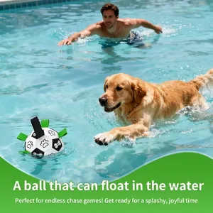 Floating dog soccer ball toy with nylon tabs for water retrieval and pool play