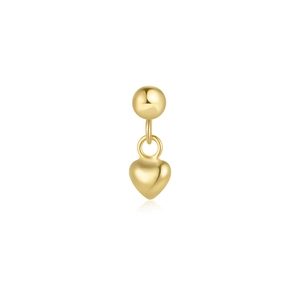 Detail of polished gold heart-shaped pendant hanging from a shiny metal bead