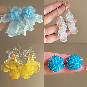 Floral chiffon tassel earrings in blue and yellow styles with acrylic petal details