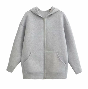 Women Zip Up Hoodie Jacket Oversized Grey Scuba Fabric Long Sleeve Drawstring Hooded Sweatshirt With Pockets Casual