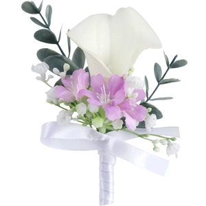 Elegant white calla lily wedding boutonniere with lavender blossoms and silk ribbon finish