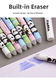 Close-up of cute panda erasable pens with silicone erasers and macaron color barrels