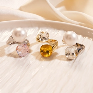 Minimalist square gemstone and pearl open rings in gold and silver finish set