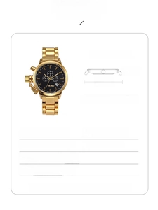 Detail specifications of TICTOC gold steel watch showing 38mm dial and 12mm thickness