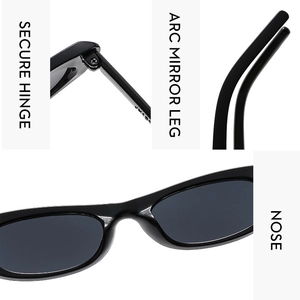 Detail view of secure hinges, arc mirror legs and nose pads on black retro sunglasses