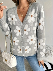 Cárdigan gris de mujer con cuello en V, estampado jacquard de flores blancas y botones
