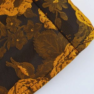 Floral gold jacquard mini dress with high neck and backless retro puff skirt design